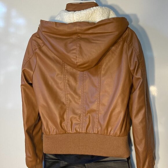 New Look SZL Brown Faux Leather Bomber Jacket Wardrobe Staple Moto Aviator Retro - Picture 7 of 11